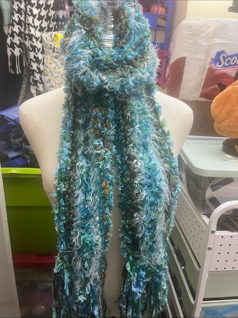 Handcrafted Teal Multi-Texture Soft Warm and Cozy Boho Chic Scarf w/fringe S205
